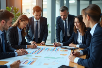 Professionnels en réunion analysant une grille des salaires