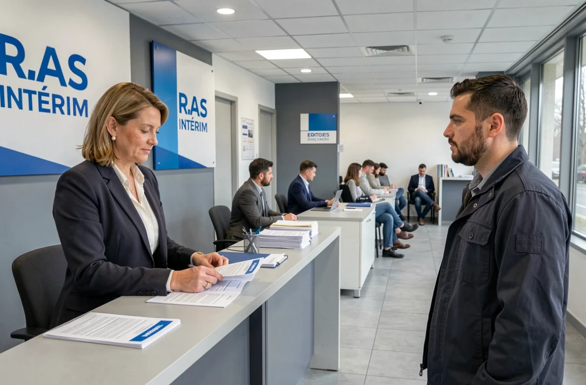Consultante de R.A.S Intérim Pontoise triant des CV au comptoir d'accueil avec un candidat en attente dans l'agence