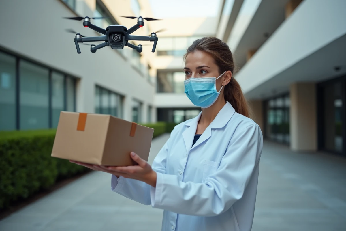 Infirmière recevant un colis médical par drone dans un hôpital