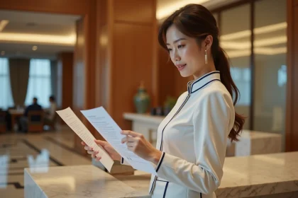 Réceptionniste d'hôtel examinant des diplômes et certifications professionnelles à un bureau en marbre dans un lobby luxueux