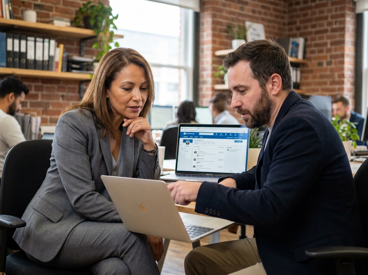 Deux recruteurs collaborant autour d'une cvthèque en ligne sur ordinateur portable dans un espace de travail collaboratif