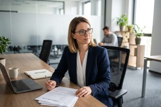 Recruteuse expérimentée analysant des CVs imprimés dans un bureau d'entreprise moderne, illustrant l'utilisation d'une cvthèque professionnelle