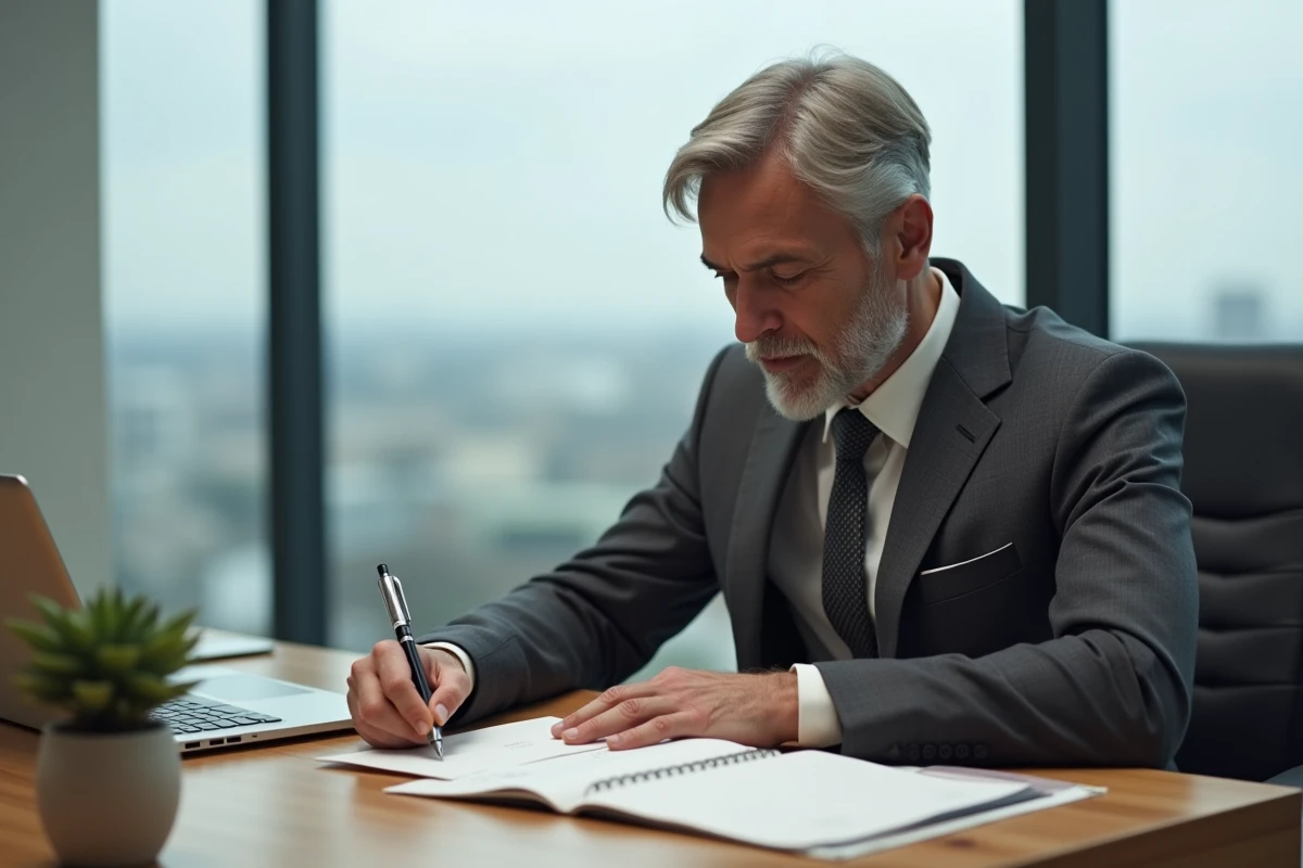 Homme d'affaires rédigeant un message de condoléances manuscrit à son bureau avec un stylo plume