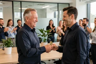 Employé de 55 ans recevant une médaille du travail des mains d'un collègue dans un bureau moderne, entouré de collègues qui applaudissent