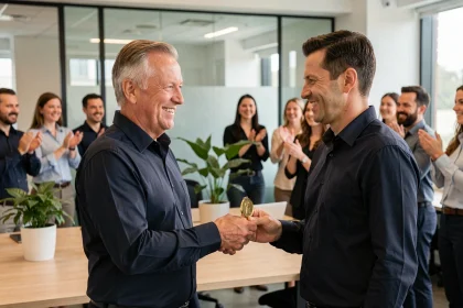 Employé de 55 ans recevant une médaille du travail des mains d'un collègue dans un bureau moderne, entouré de collègues qui applaudissent