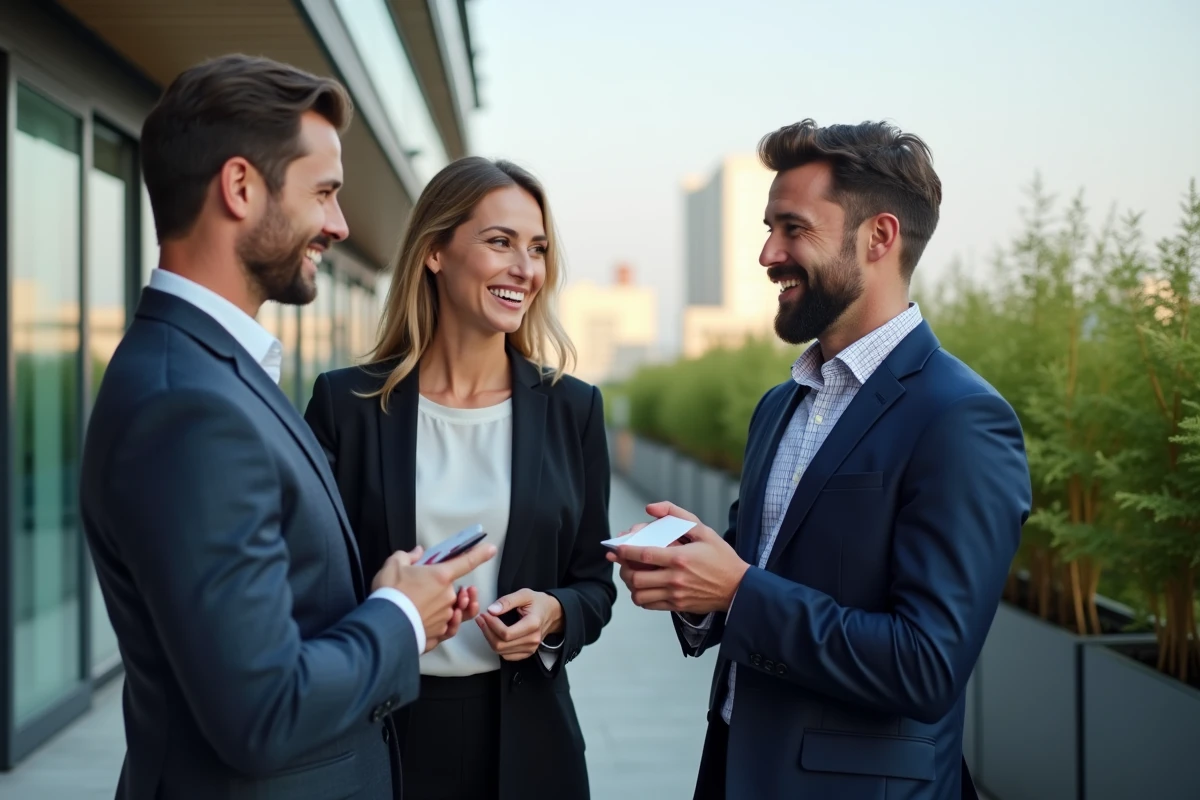 Trois professionnels discutent et &eacute;changent des cartes sur une terrasse urbaine