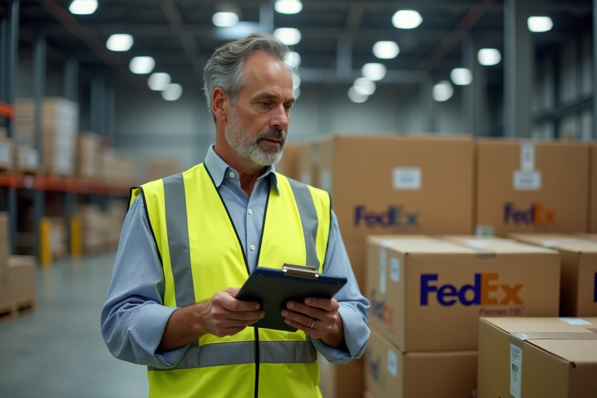 Responsable logistique examinant des expéditions FedEx dans un entrepôt de distribution, illustrant la gestion professionnelle du service client FedEx pour les entreprises