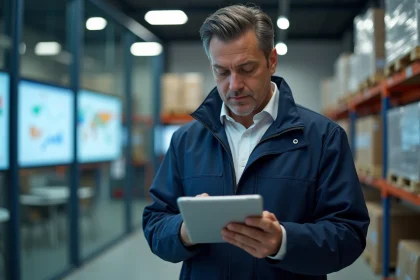 Manager logistique &eacute;tudiant une tablette dans un bureau spacieux
