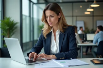 Responsable RH analysant des documents sur les jours ouvrés et ouvrables dans un bureau moderne