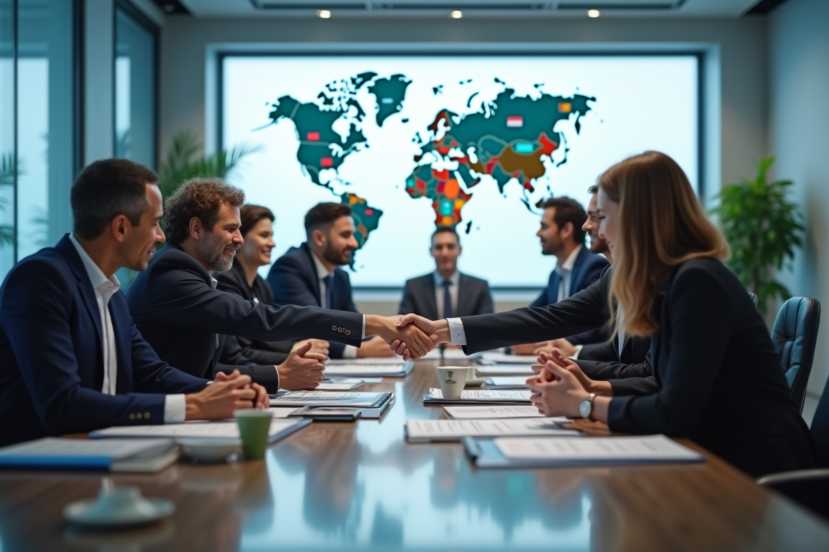 Groupe de professionnels discutant commerce mondial en salle moderne