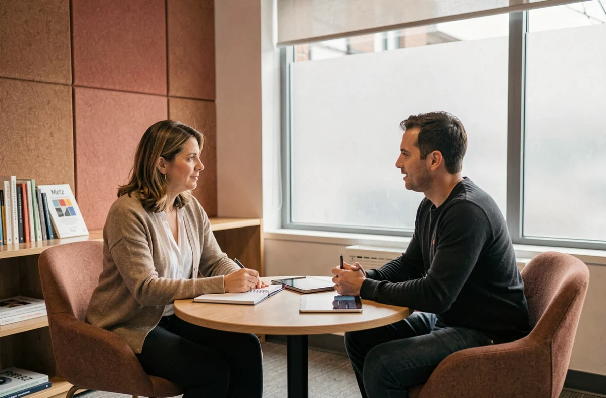 Deux professionnels freelances en réunion informelle dans un salon de coworking à Metz avec fauteuils mi-siècle et panneaux acoustiques