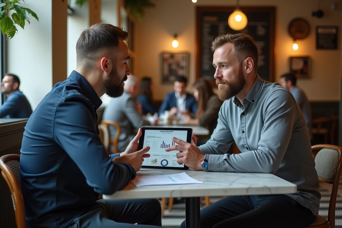 Consultant SEO de Rennes expliquant les résultats d'une stratégie de référencement naturel à un client dans un café breton