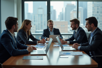 Groupe de professionnels en réunion autour d'une table avec tableaux CRM