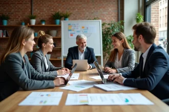 Réunion de membres d'un réseau ESS autour d'une table de coworking à Toulouse avec documents et ordinateurs portables