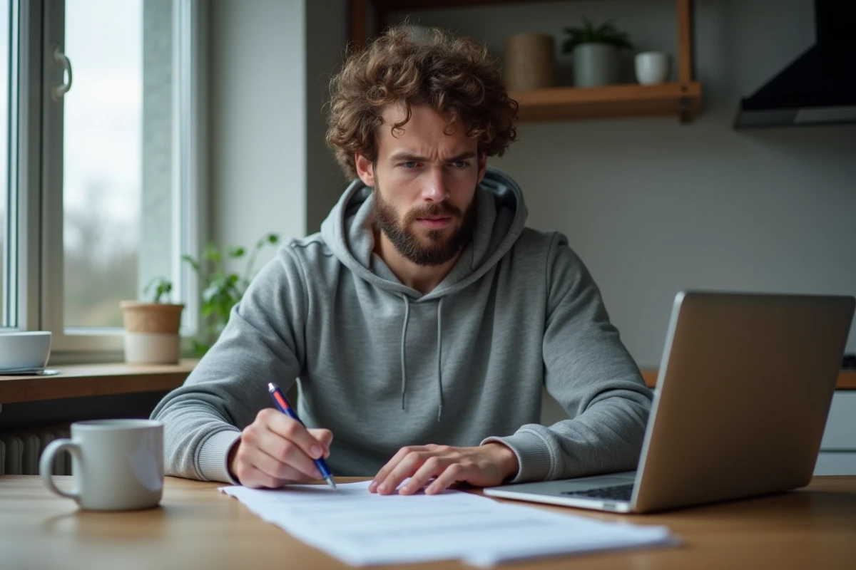 Jeune salarié relisant son contrat de travail 39h à domicile en cherchant les clauses sur les heures supplémentaires