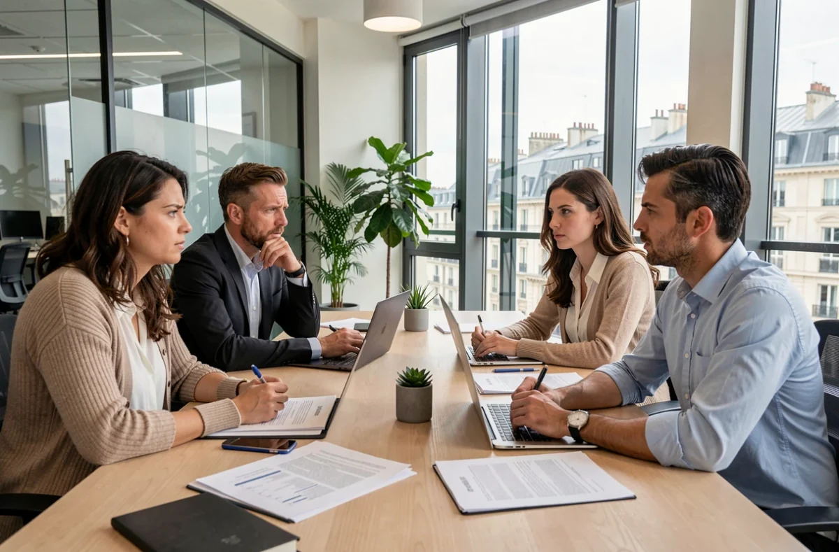 Salariés de La Banque Postale réunis en réunion informelle exprimant leurs inquiétudes face aux changements de direction