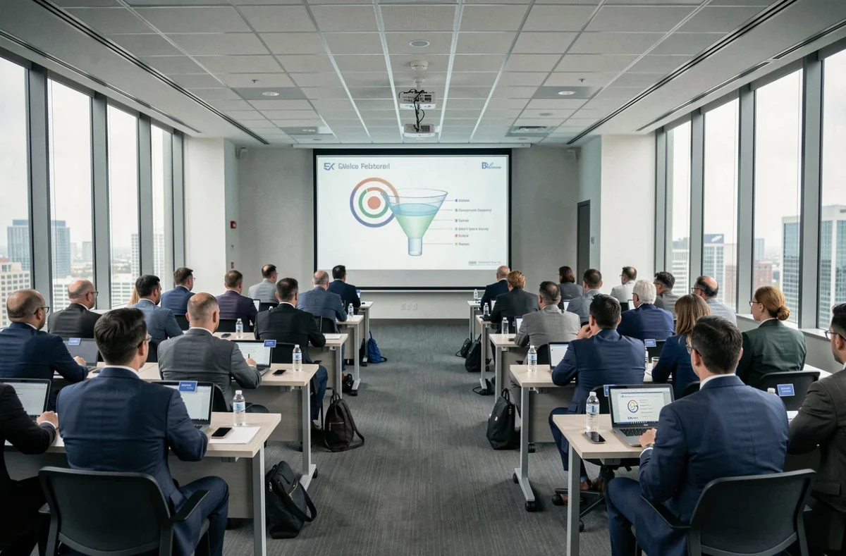 Salle de conférence B2B avec décideurs réunis pour un événement de ciblage professionnel gratuit