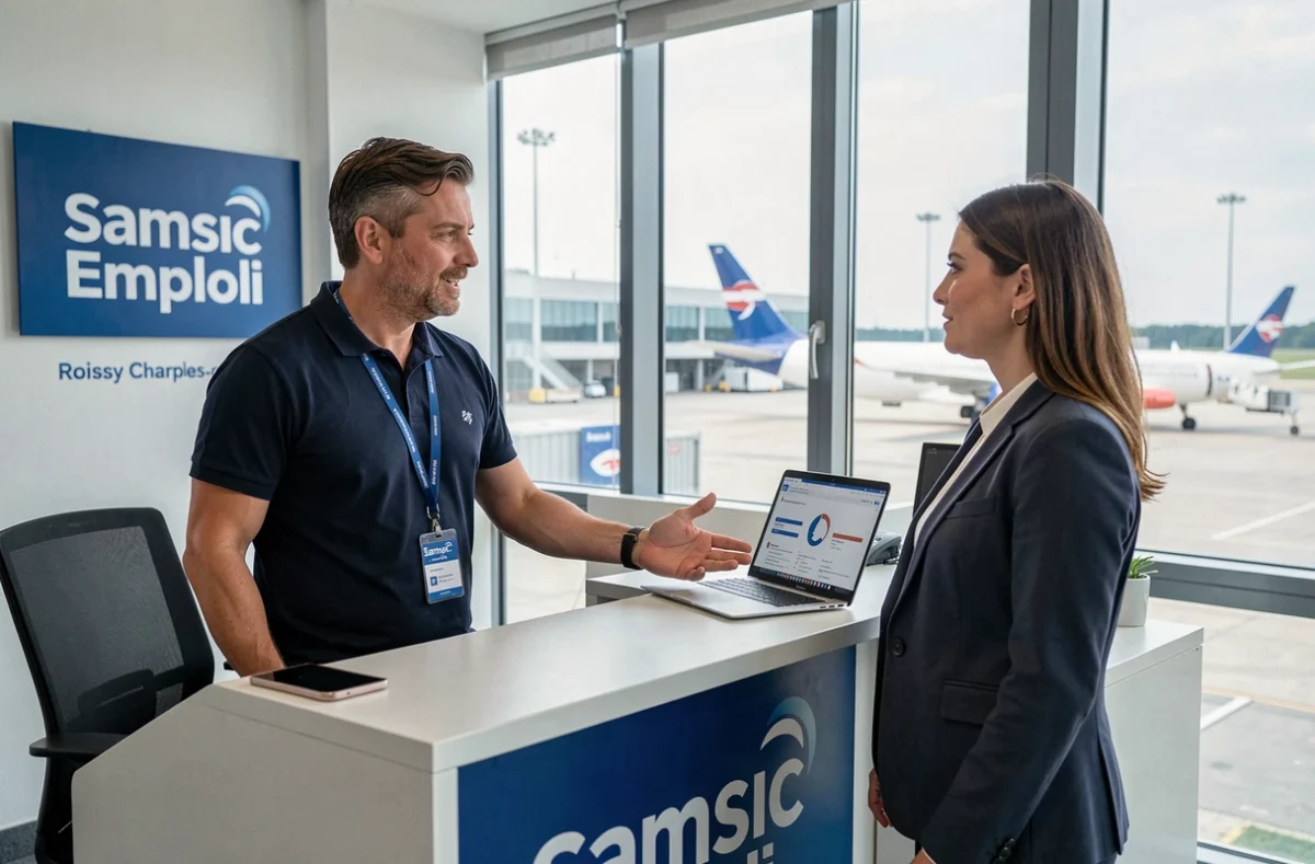 Consultant de Samsic Emploi Roissy expliquant des opportunités d'emploi aéroportuaire à une candidate dans un bureau avec vue sur l'aéroport