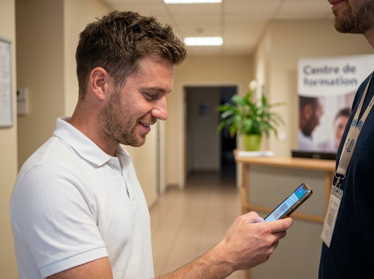 Participant en formation scannant un QR code avec son smartphone pour valider sa présence de manière numérique à l'entrée d'un centre de formation