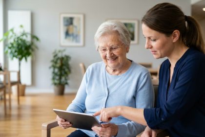 Seniorelle souriante avec tablette dans un salon moderne