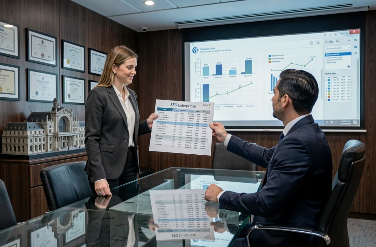 Consultante de SEO Entreprise présentant un rapport de positionnement SEO à un client dans une salle de réunion professionnelle