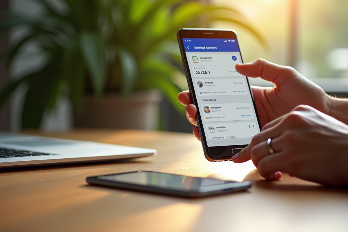 Smartphone affichant une campagne Facebook avec plantes en arrière-plan