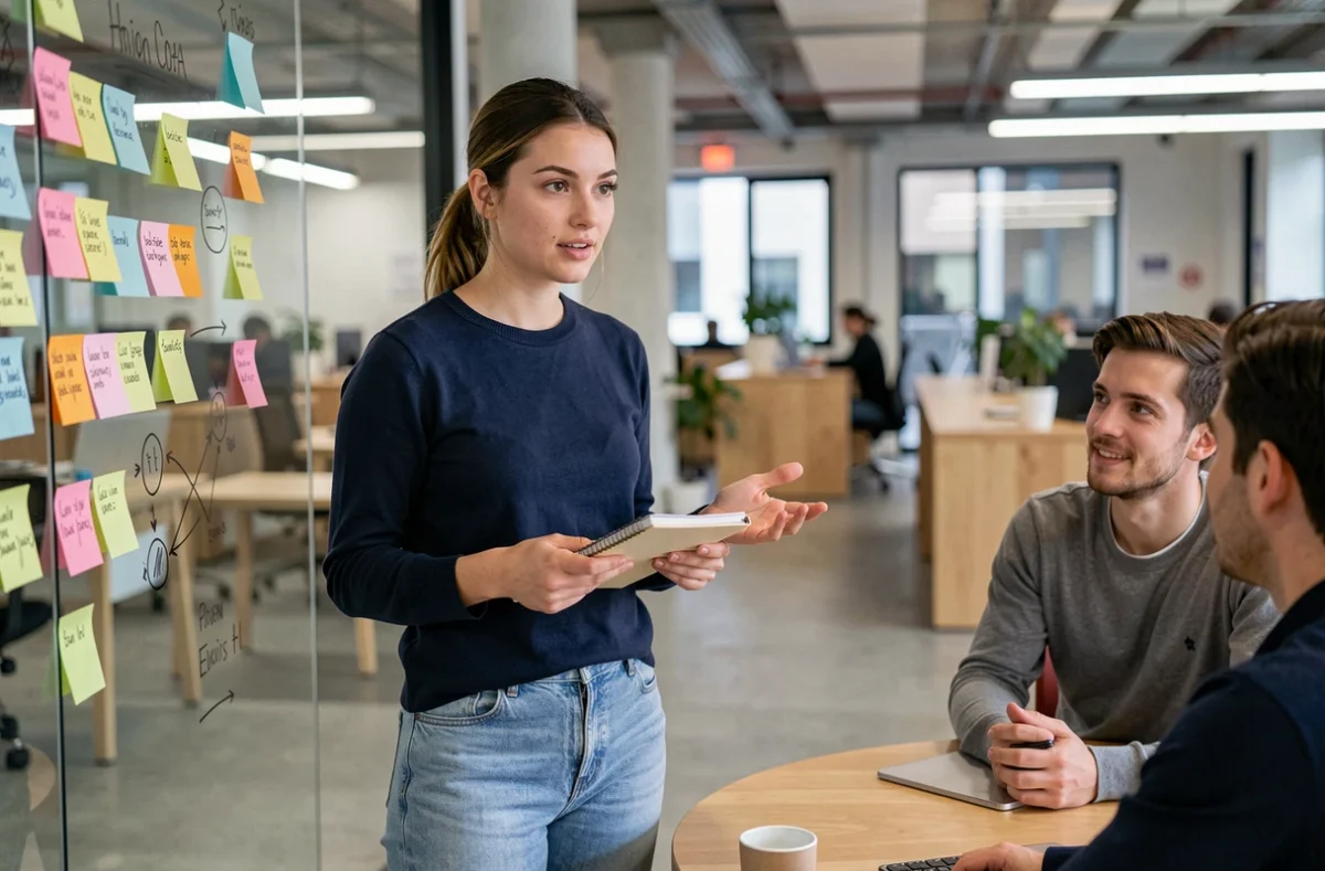 Jeune entrepreneuse présentant son projet à des collègues dans l'espace de travail de Station F, incubateur de start-up à Paris