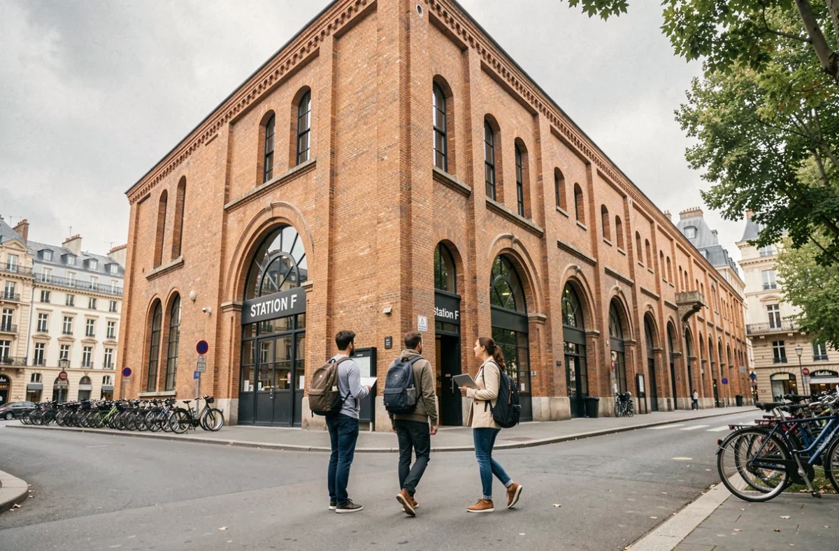 Façade extérieure de Station F dans le 13e arrondissement de Paris, bâtiment historique Halle Freyssinet transformé en incubateur de start-up