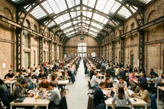 Vue panoramique de l'intérieur de Station F à Paris, incubateur géant avec des rangées de postes de travail collaboratifs sous une charpente métallique industrielle