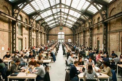 Vue panoramique de l'intérieur de Station F à Paris, incubateur géant avec des rangées de postes de travail collaboratifs sous une charpente métallique industrielle