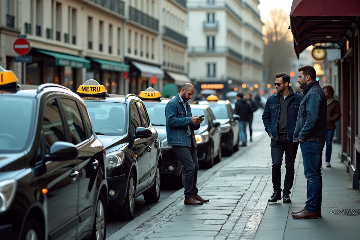 Station de taxis parisienne avec chauffeurs en attente, illustrant le marché des licences taxi et les enjeux économiques du secteur en 2026