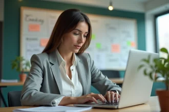 Femme professionnelle analysant une stratégie de contenu sur un ordinateur portable dans un bureau moderne