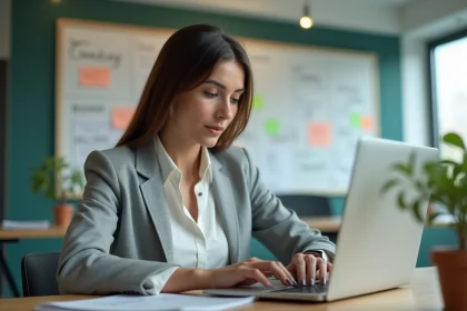 Femme professionnelle analysant une stratégie de contenu sur un ordinateur portable dans un bureau moderne
