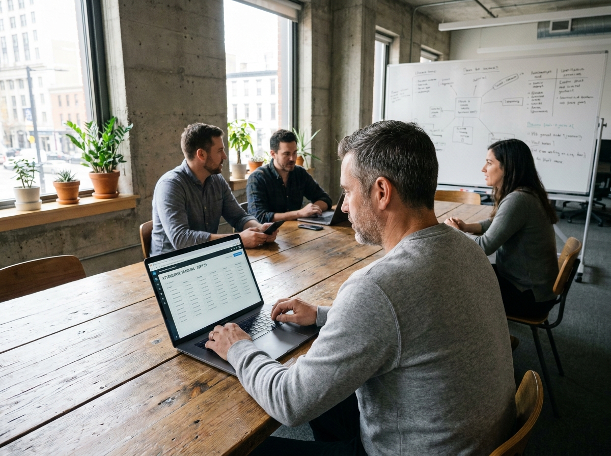 Groupe de salariés en formation utilisant un logiciel d'émargement numérique sur ordinateur portable dans un espace de travail moderne