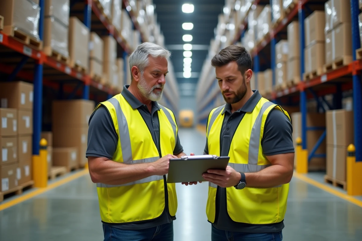 Superviseur logistique en horaires 5x8 discutant de primes et avantages avec un collègue dans un entrepôt