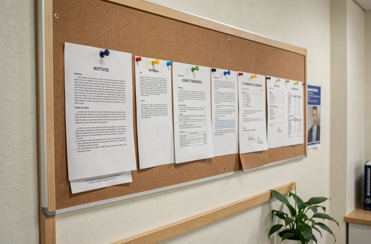 Tableau d'affichage d'une salle de pause avec plusieurs avis alignés