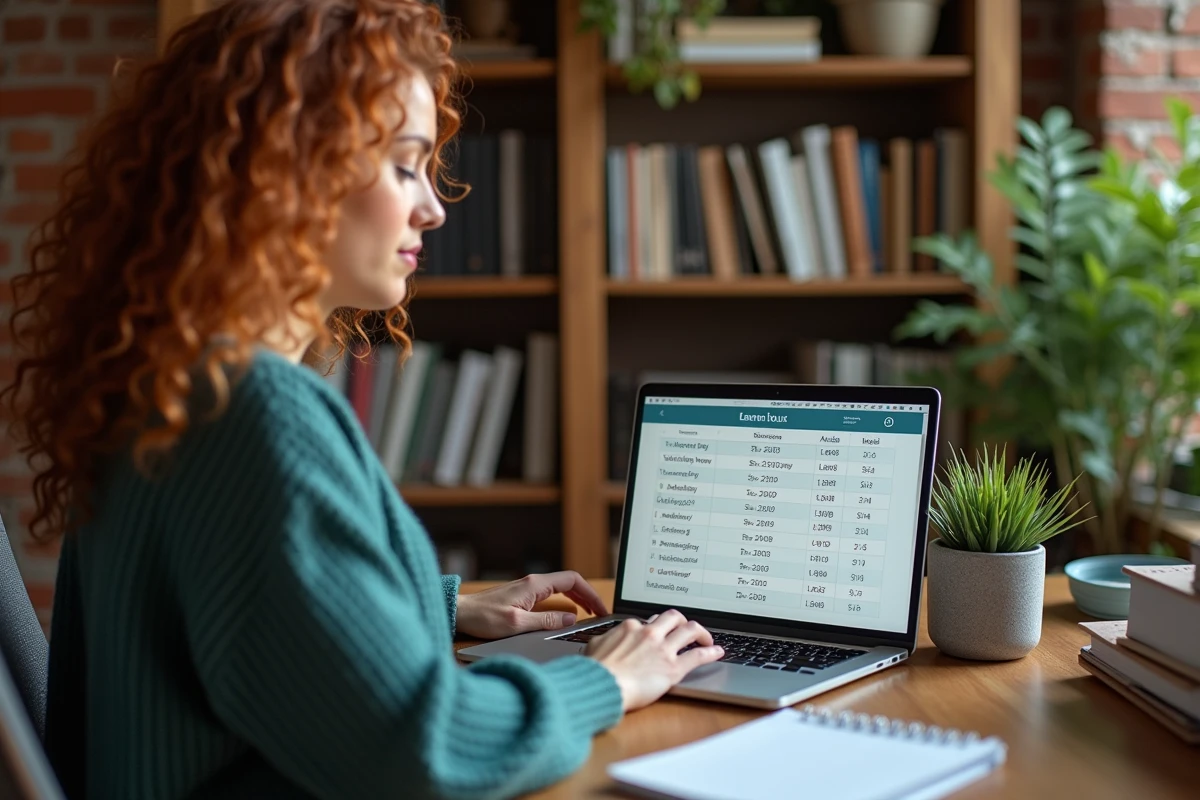 Femme en télétravail consultant un tableur de jours travaillés et de RTT sur un ordinateur portable dans un bureau à domicile chaleureux