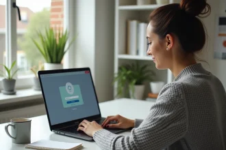 Femme en télétravail connectée à l'intranet Berger-Levrault depuis son bureau à domicile