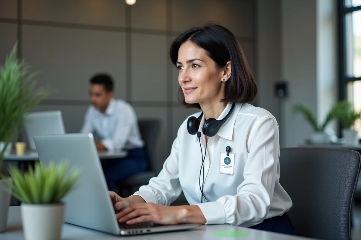 Femme en télétravail dans un espace de coworking lors d'une visioconférence professionnelle sécurisée