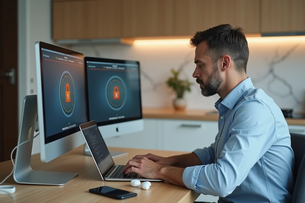 Homme en télétravail avec double écran et connexion VPN sécurisée depuis son appartement
