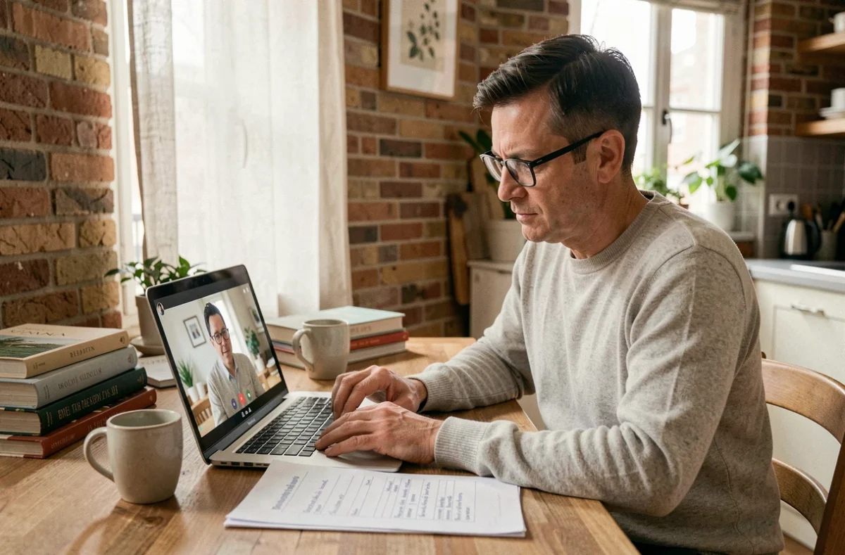 Employé en télétravail depuis son appartement français négociant un poste full remote par visioconférence