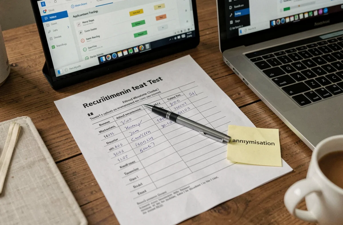 Bureau de recruteur avec un test de sélection anonymisé et un logiciel de suivi des candidatures pour réduire les biais de recrutement
