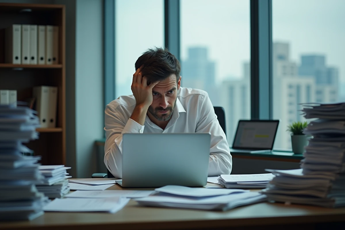 Manager débordé et dépassé dans son bureau encombré, métaphore visuelle de la théorie de Peters sur la promotion vers l'incompétence