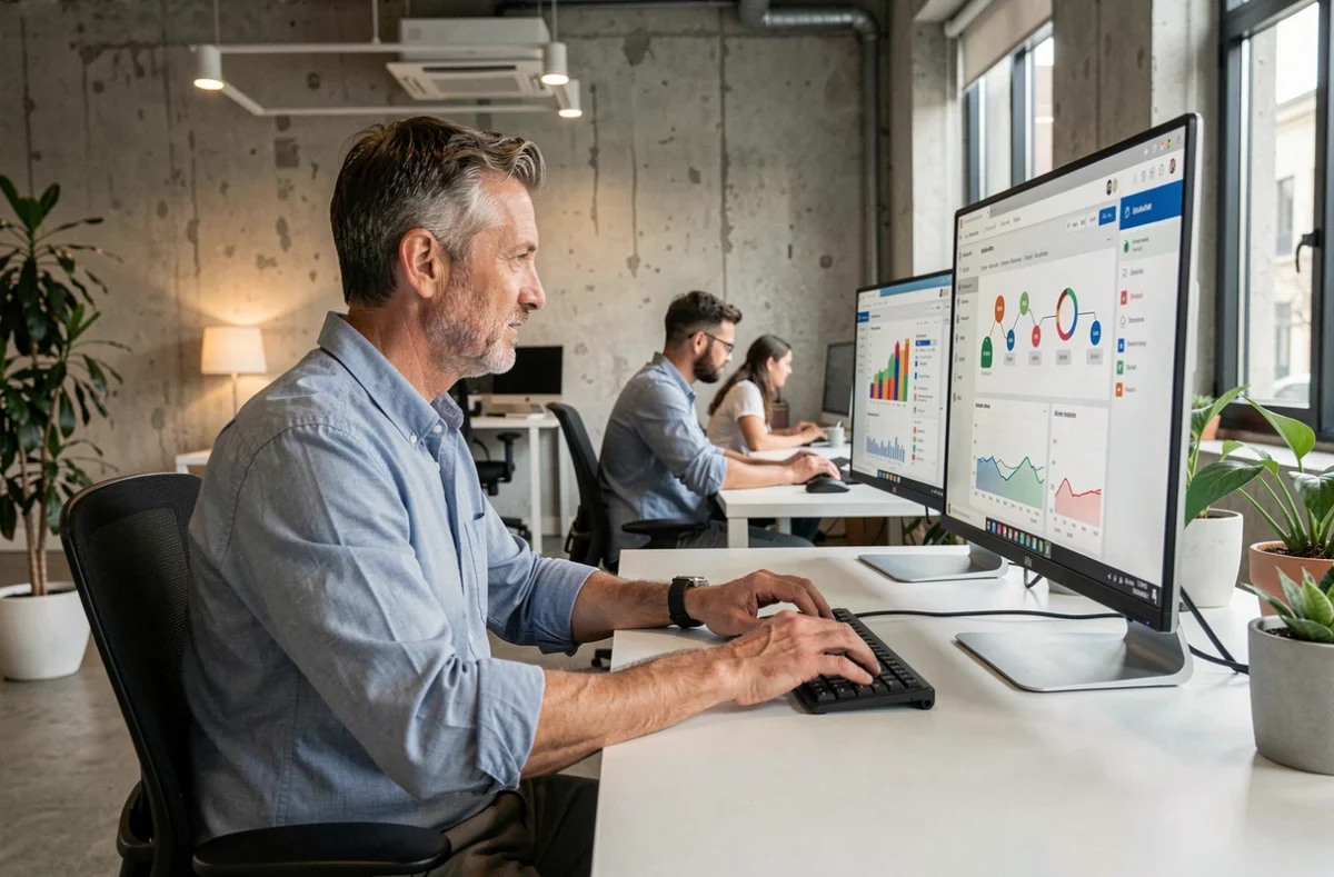 Professionnel analysant un tableau de bord de parcours client numérique dans un open space moderne, symbolisant la transformation digitale en entreprise