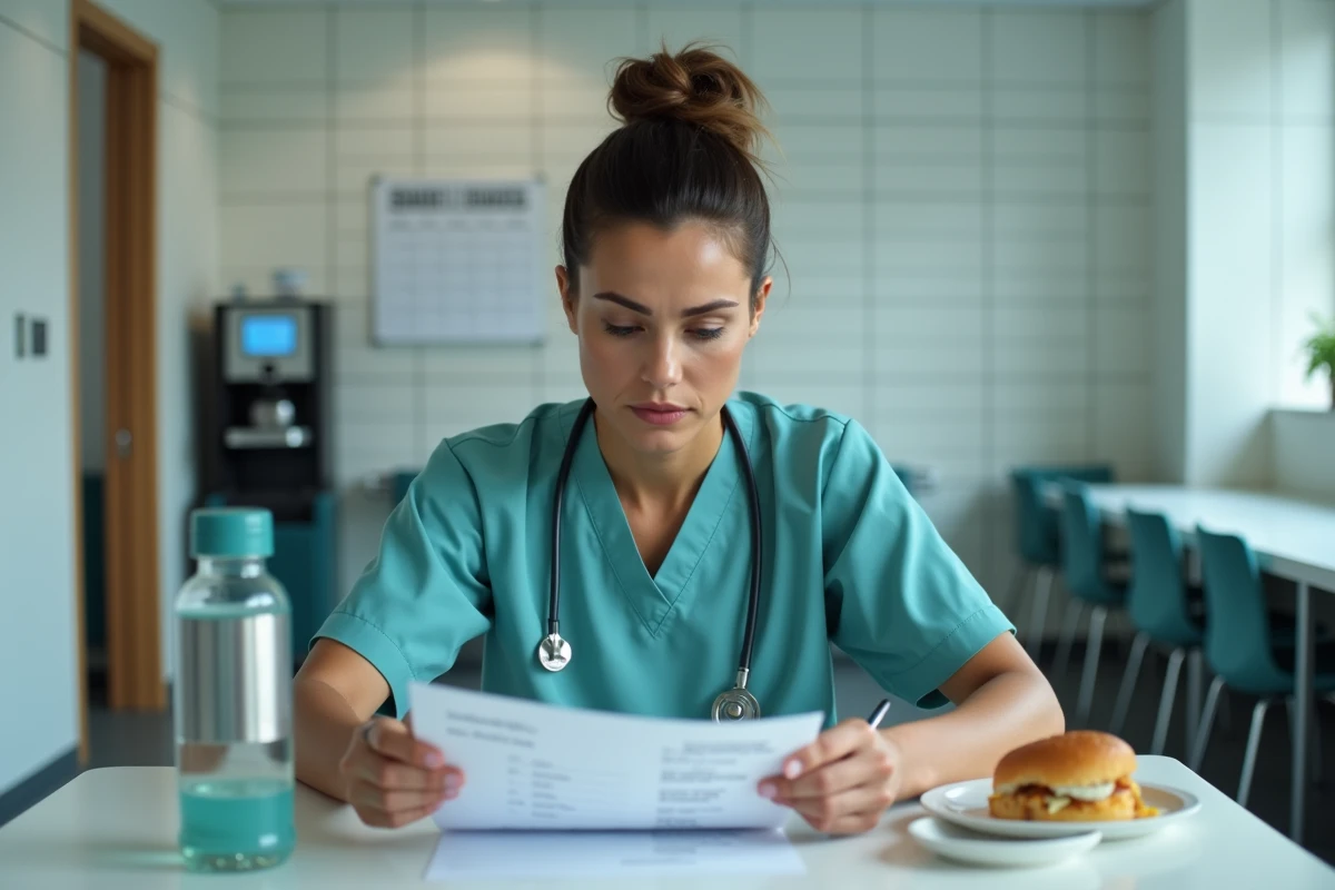 Infirmière en travail posté 5x8 analysant son contrat de rotation et ses droits à prime dans une salle de pause