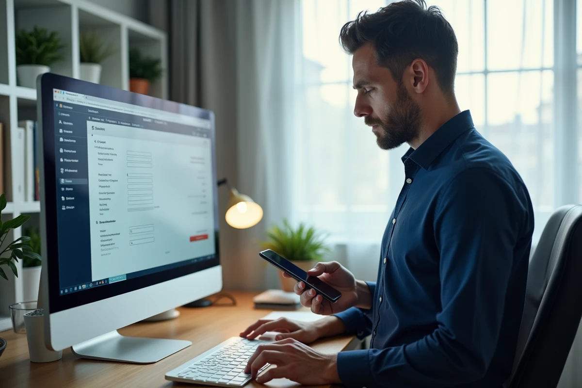 Homme consultant une interface RH en ligne depuis son bureau à domicile avec un message d'erreur de connexion visible