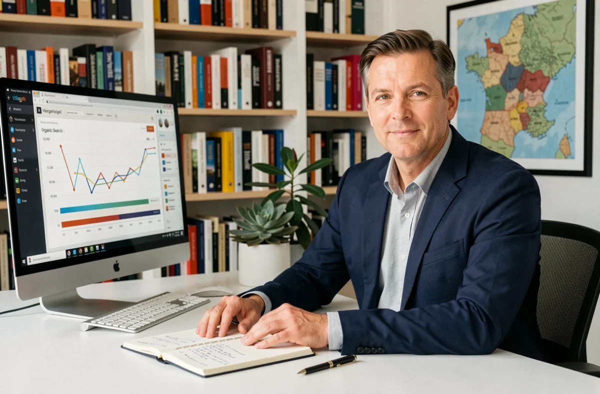 Vincent Hégo, consultant SEO indépendant, assis à son bureau avec des analyses de trafic organique affichées sur son écran