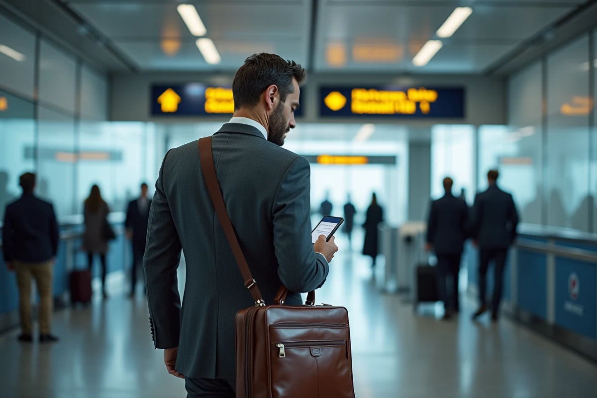 Voyageur d'affaires en statut prioritaire présentant sa carte d'embarquement au portique de boarding Air France