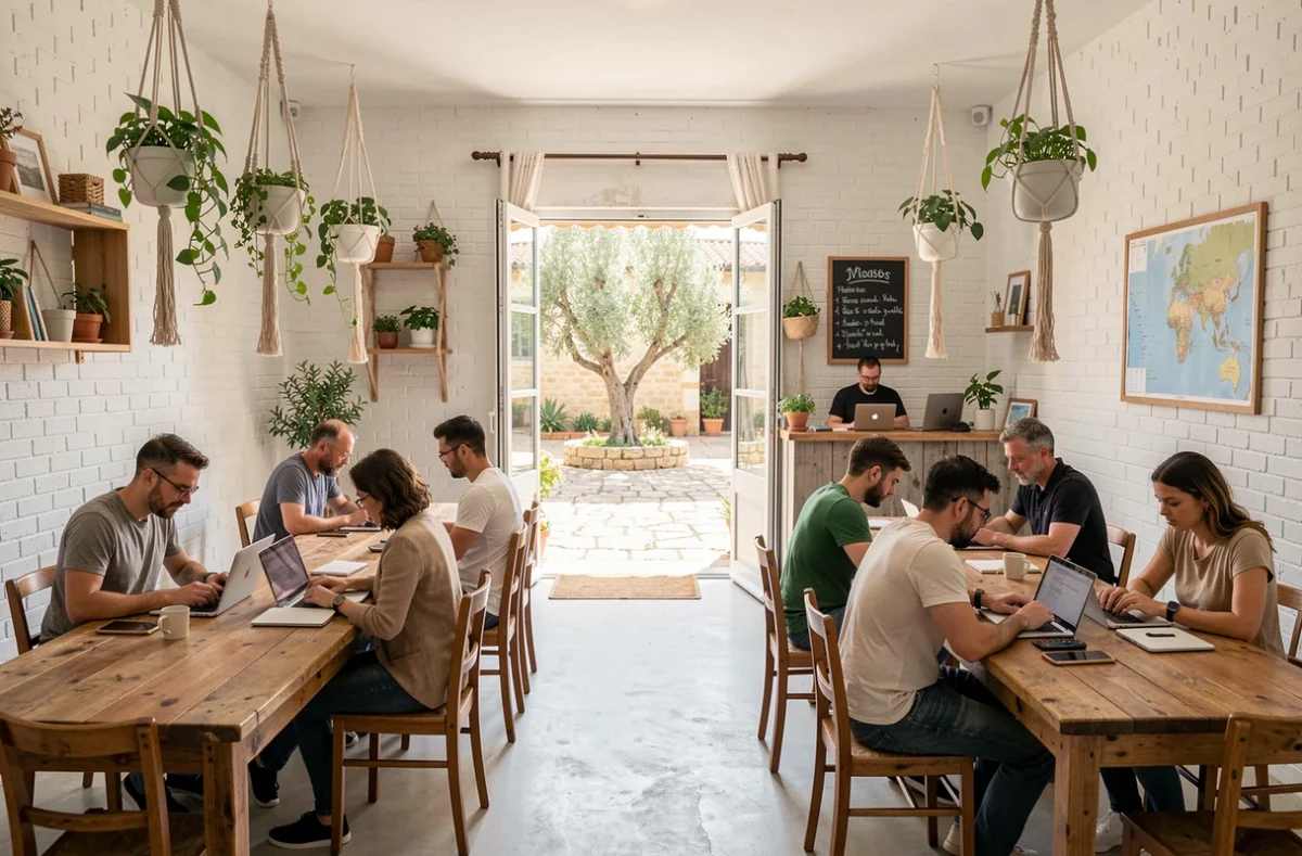 Vue d'ensemble d'un espace de coworking animé à Martigues avec plusieurs entrepreneurs au travail dans un cadre design et chaleureux