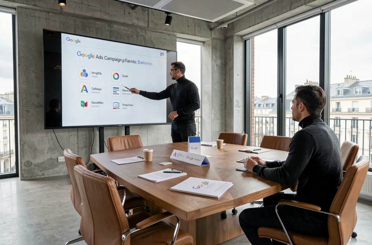 Directeur créatif de Works Agency présentant une stratégie de campagne Google Ads lors d'une réunion professionnelle